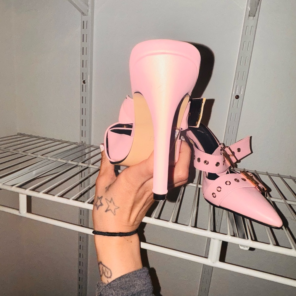 Pink High Heel Mules with Gold Buckles - Picture 5 of 6